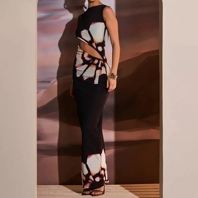 Black Dresses Women Summer ONeck Sleeveless Sexy Clubwear Hollow Out Dress Fashion Print Casual Elegant Slim Female 250208