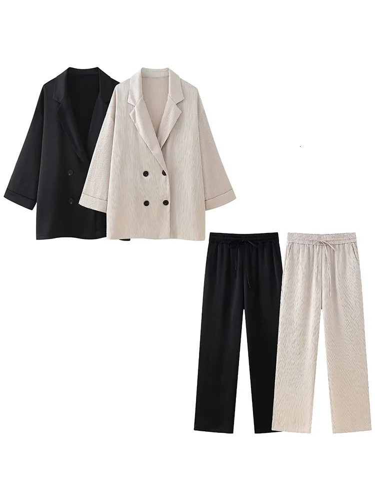 Willshela Women Fashion 2 Piece Set Solid Double Breasted Blazer Vintage Elastic Waist Trousers Feamle Chic Lady Pants Sets 250207