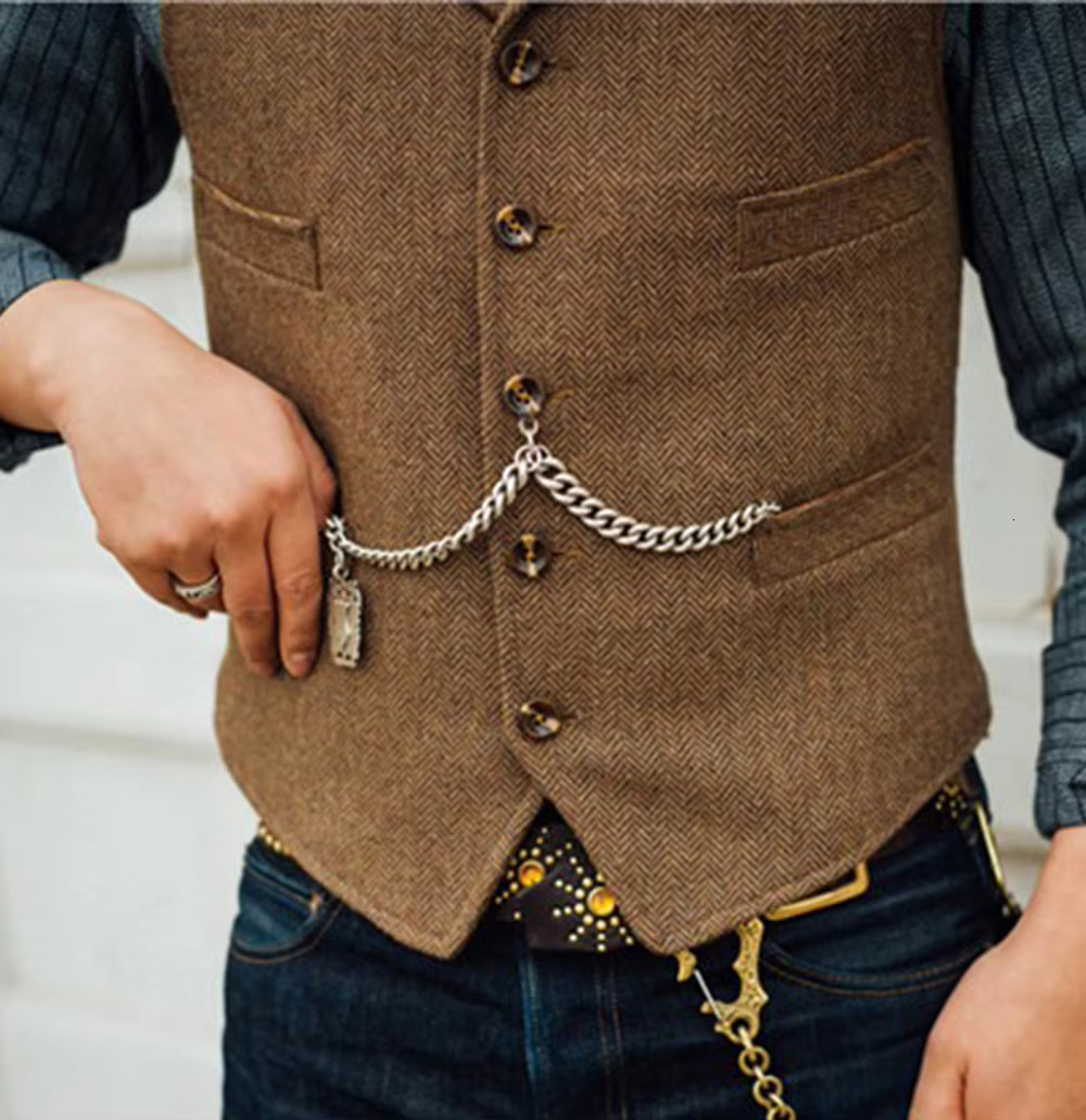 Business Mens Suit Vest Lapel V Neck Wool Herringbone Brown Waistcoat Casual Formal Groomsman Jacket For Wedding