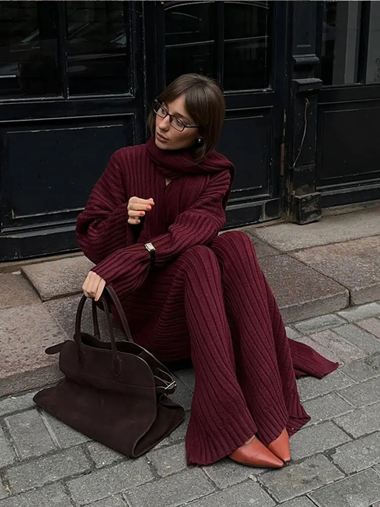 Elegant Burgundy Color Womens Loose Wide Leg Pants Set Chic Scarf Collar V-neck Knitted Sweater Suits Lady Street Knitwear 250207