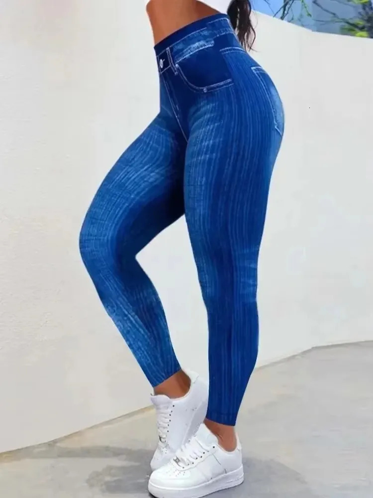 Fashion Plus Size 1XL5XL Womens Sporty Leggings Ladies Casual Denim Print High Rise Slight Stretch 250206