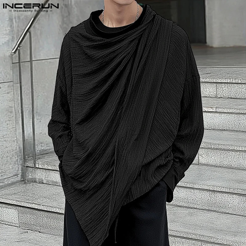 INCERUN Tops Korean Style Fashion Men Pleated Patchwork Shirt Casual Streetwear Men Solid Long Sleeved Loose Blouse 250207