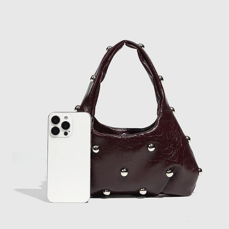 Mushroom Rivet Cowhide Shoulde Bag Brown Fashion Handbag Underarm Bag 2025 High-end Niche Silver Metal Lady Bag 250208