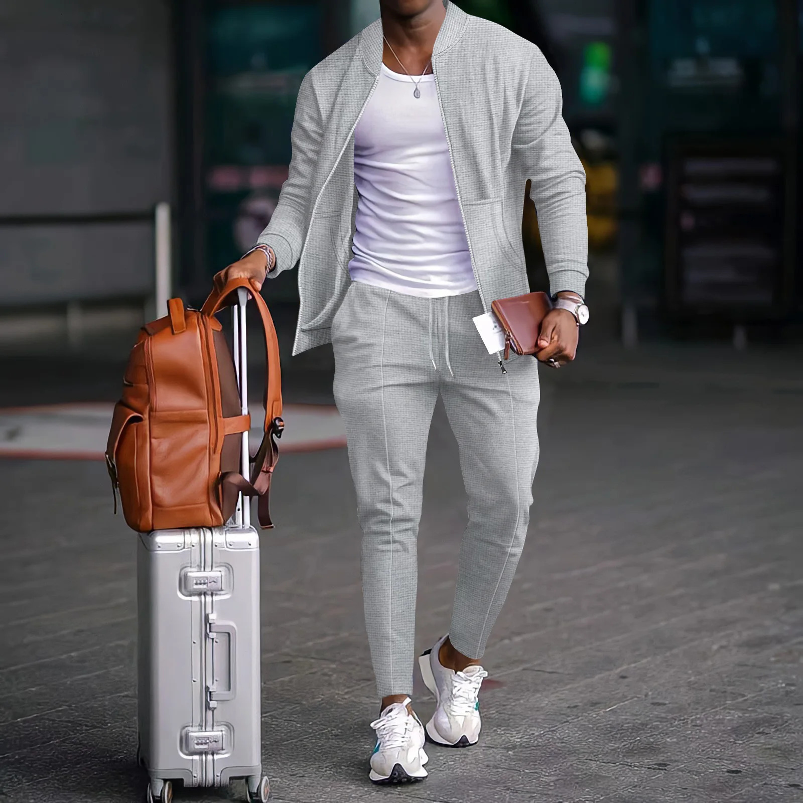 Autumn and winter casual mens outdoor blazer set Waffle baseball suit round neck pocket zipper long sleeve trousers two-piece s 250208