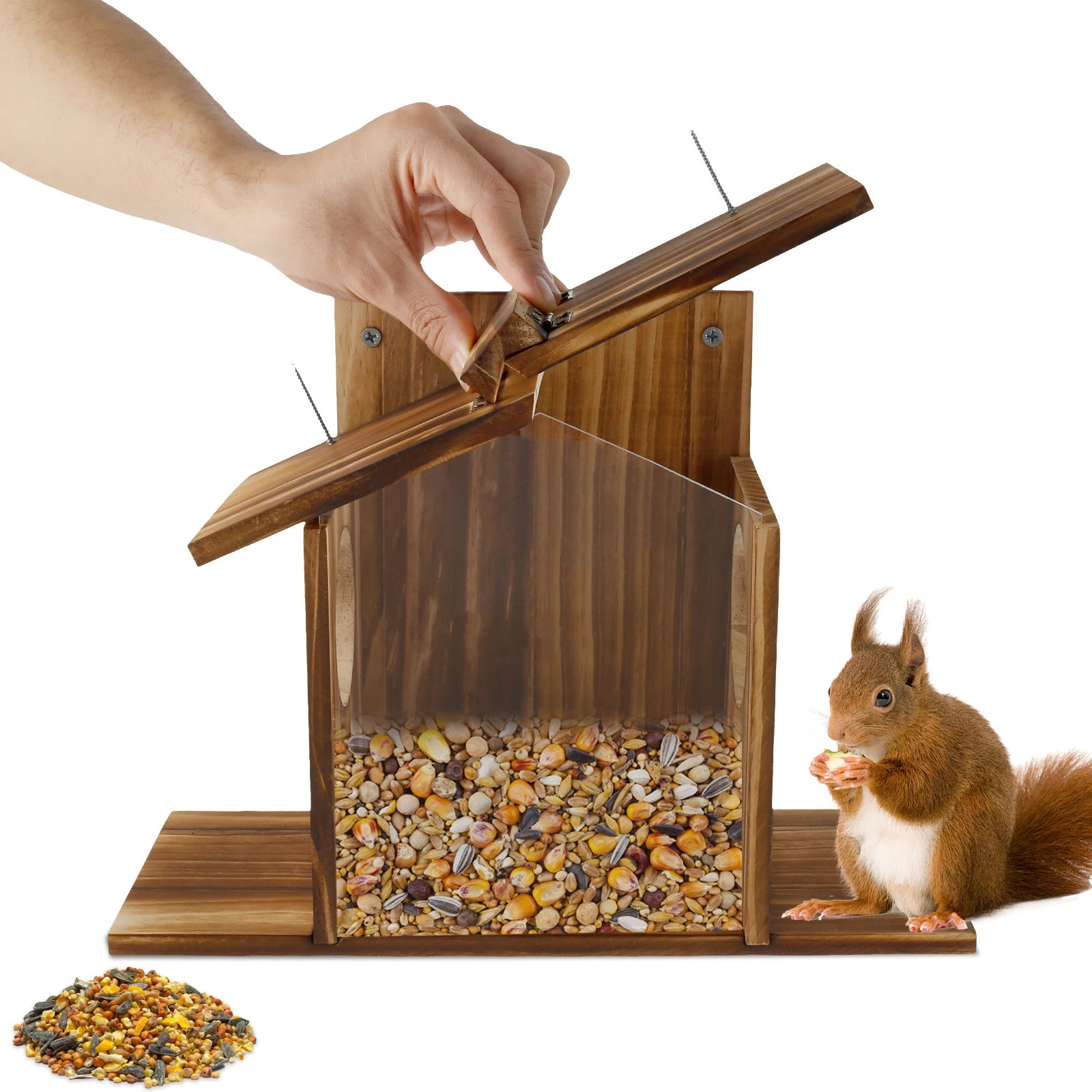 Wood Squirrel Feeder for Outside Wooden Chipmunk Feeder for Corn Durable Box Easy to Fill with Removable Front Panel 250207