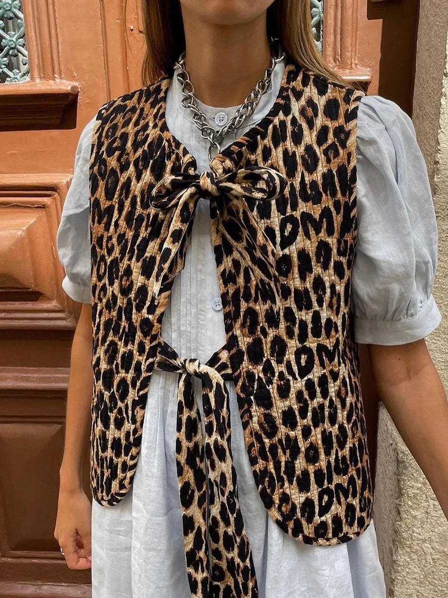 Womens Leopard Print Waistcoat Bowknot Front Sleeveless VNeck Vest Casual Jacket Cardigan 250207