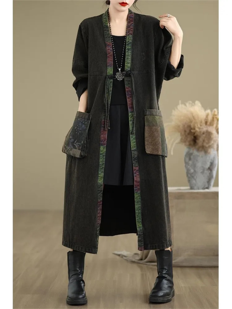 Denim ultrafine autumn Midi coat womens printed patch work fashionable retro Vneck jacket loose pleated long sleeved 250208Z