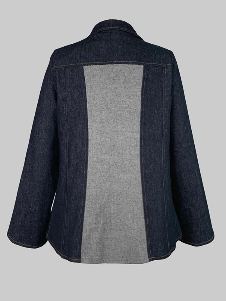 Freeacy 2024 Womens Fashion Jackets Lapel Long Sleeves Blazer Contrast Color SplitJoint Deep Vneck OneButtoned Coats 250208Z