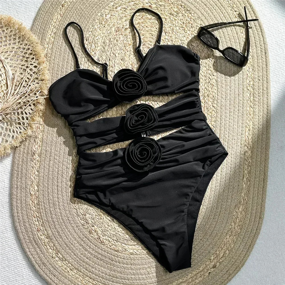 Sexy Pink 3D Flower Swimwear Woman One Piece Swimsuits Female Cut Out Monokini Bathing Suit Swimming Wear for Women Bathers 2025 250206