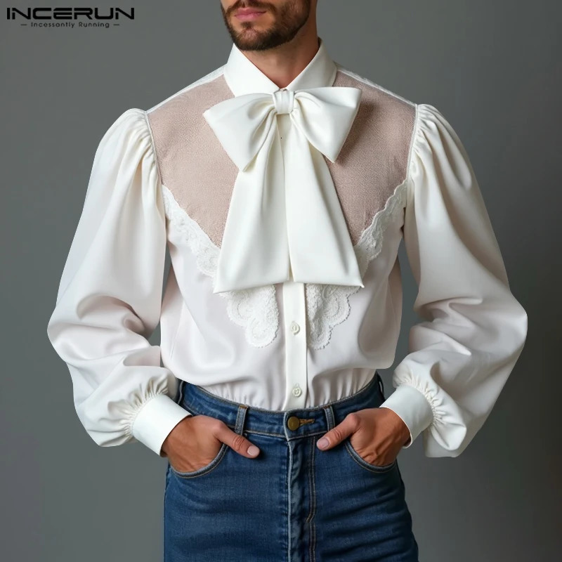 INCERUN Mens French Romance Bow Shirts Casual Loose Stand Collar Tops Handsome Fashion Lacing Splicing Patchwork Top Tunics 250207