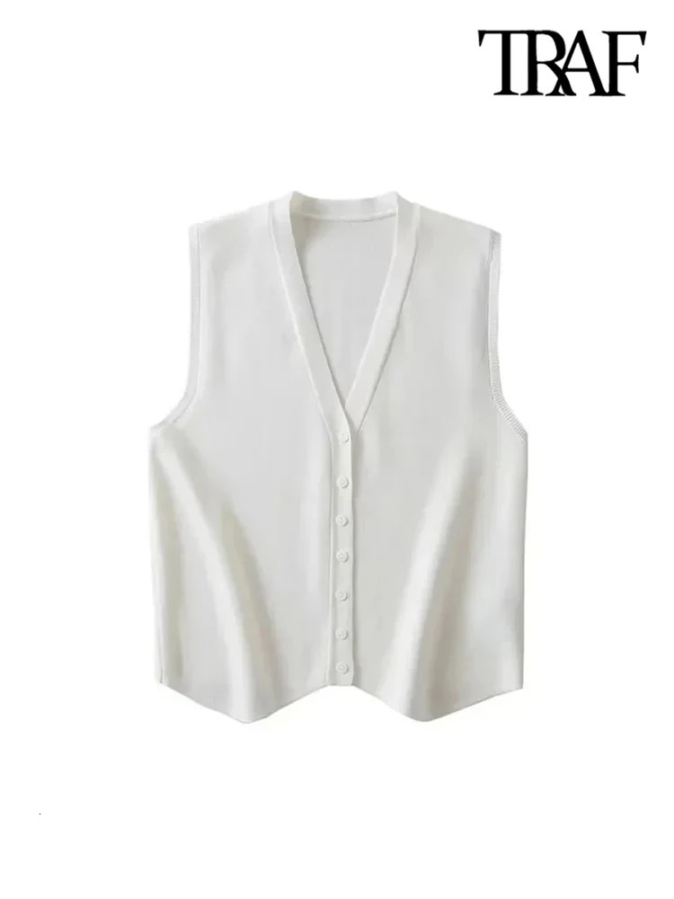 TRAF Women Fashion Front Button Striped Knit Vest Sweater Vintage V Neck Sleeveless Female Waistcoat Chic Tops 250207