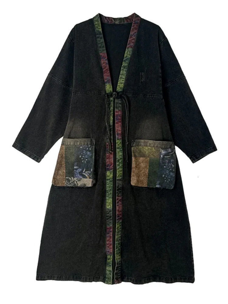 Denim ultrafine autumn Midi coat womens printed patch work fashionable retro Vneck jacket loose pleated long sleeved 250208Z