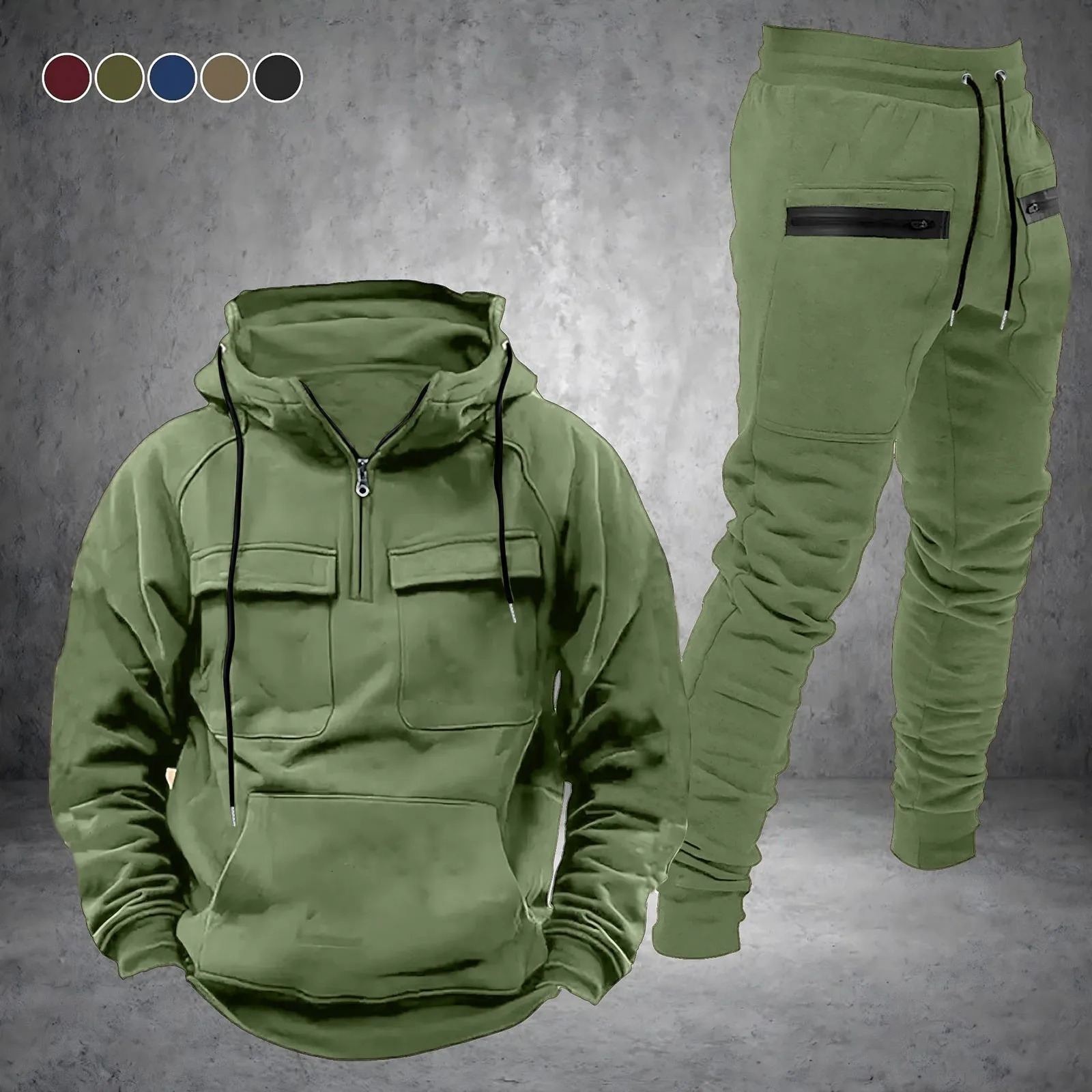 Soild Mens Sweatshirt 2 Piece Outfit Autumn And Winter Fashion Hald Zipper Hooded Sweater Pants Sports Outfit Mens Clothing 250206