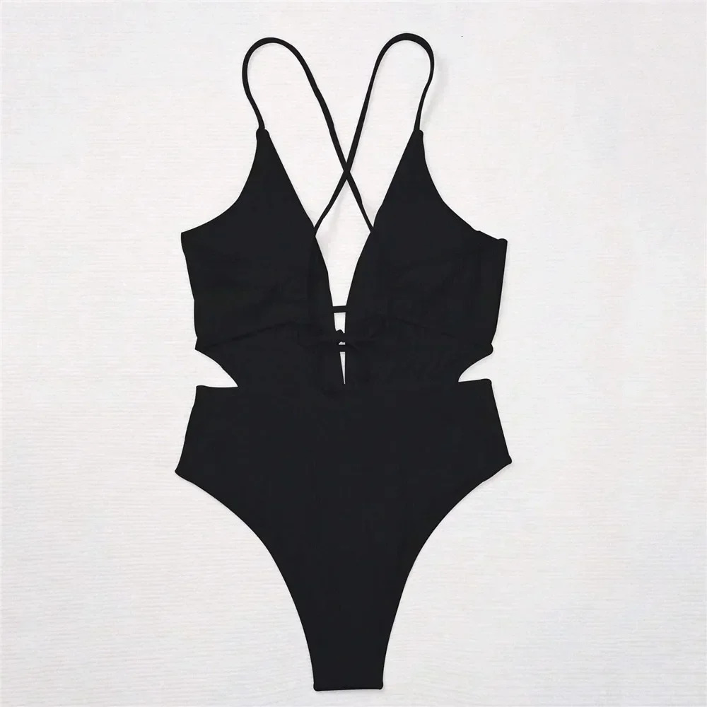 Sexy Black Ribbed Backless Swimwear Woman 2025 One Piece Swimsuits String Cross Swimming Wear Bathing Suit Bathers Bodysuit 250206