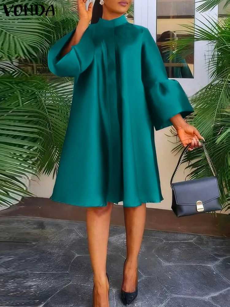 VONDA Women Ele Kn-length Dresses 2024 Causal Puff All Solid Stand Collar Loose Party Dresses Holiday Dress Oversized W250208