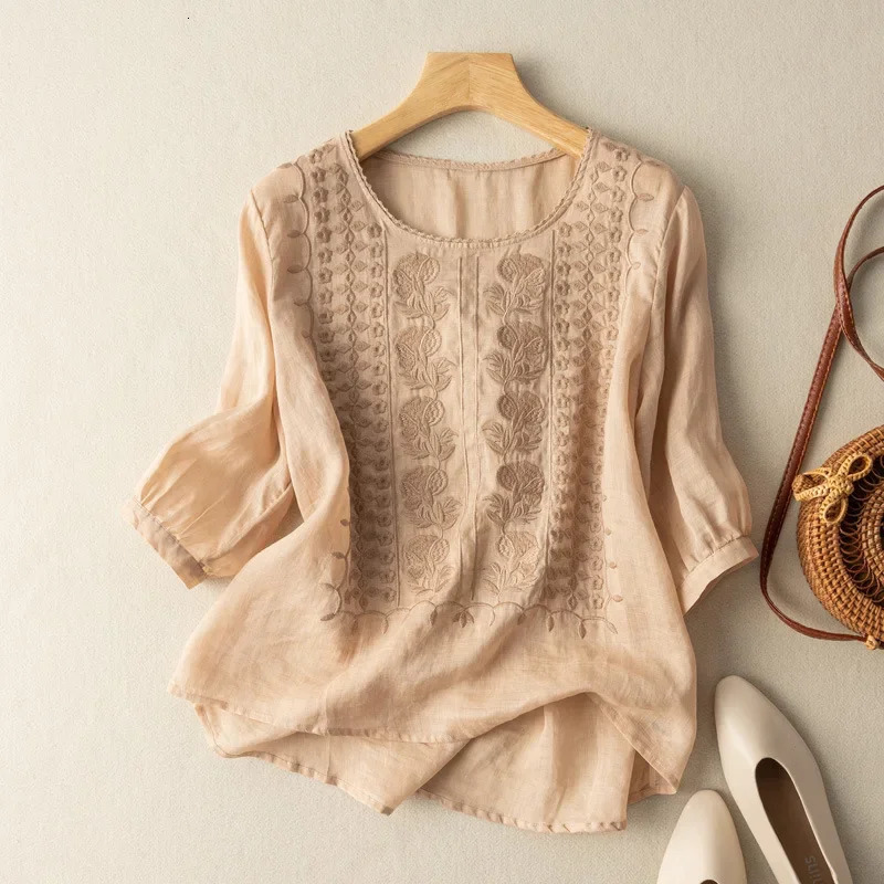 LooseFit Cotton Linen Summer Top 2023 Style Embroidered Vintage Shirt Womens Crew Neck Thin Version Large Size 250121