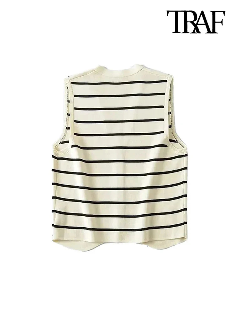 TRAF Women Fashion Front Button Striped Knit Vest Sweater Vintage V Neck Sleeveless Female Waistcoat Chic Tops 250207