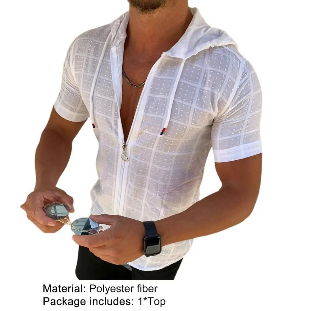 Mens short sleeved Tshirt hooded zipper plain weave summer street clothing mens 250207