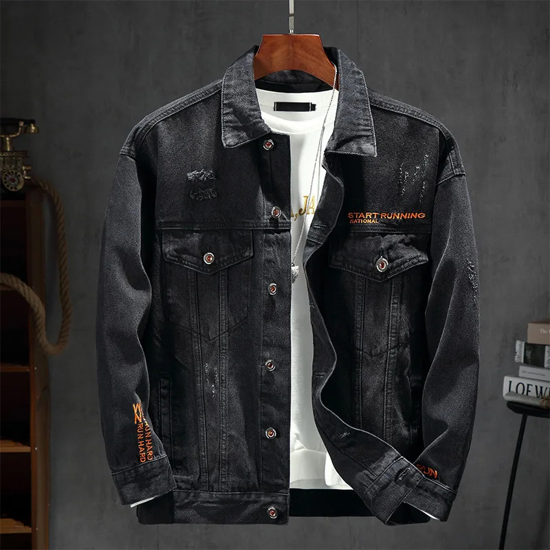 Trendy Embroidered European Street Loose Denim Jacket Men Black Vintage Ripped Work Printed Letter Top Cotton Mens Fashion 250207