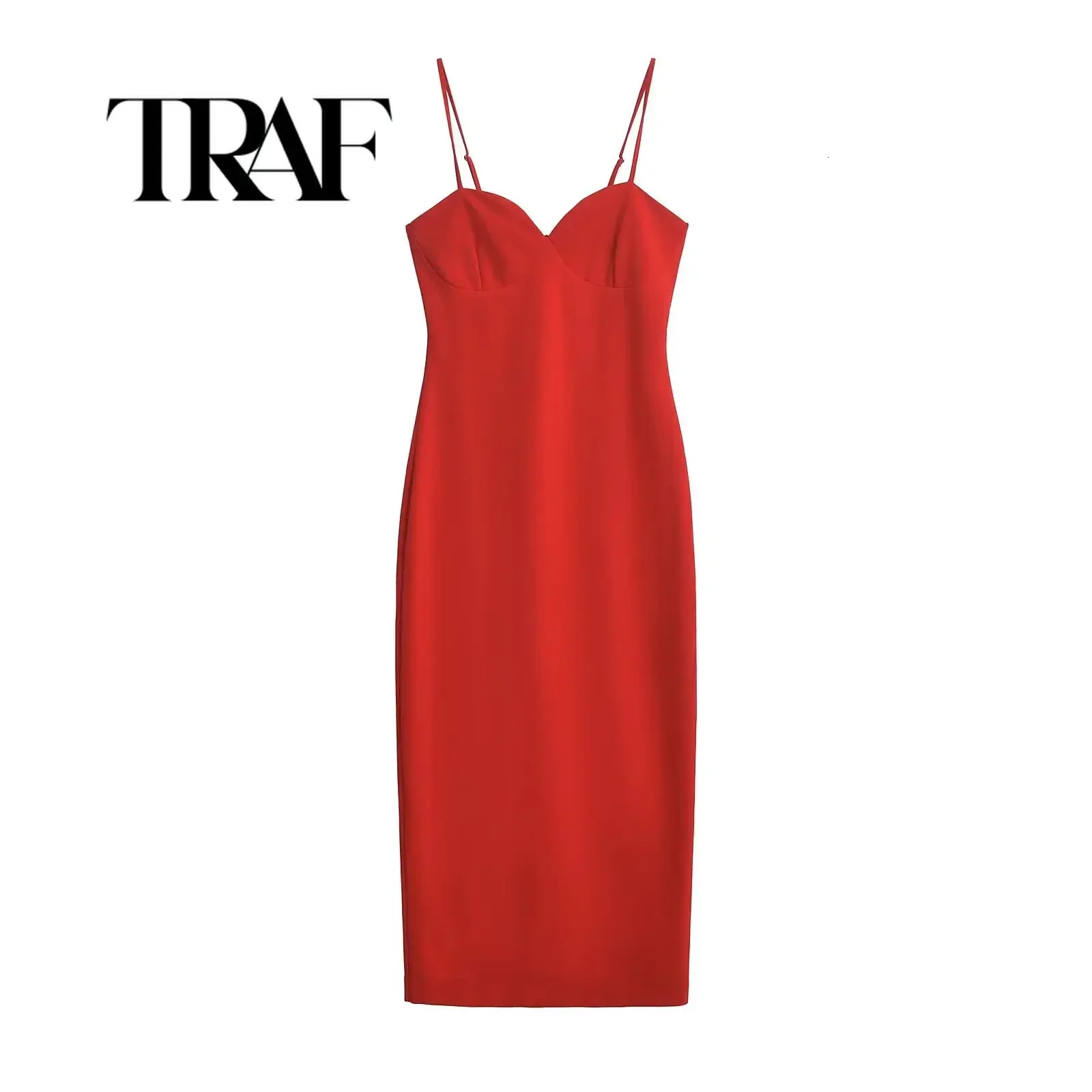 TRAF Sexy Womens Thin Strap Zipper Ultra Midi Red Dress Elegant Christmas 250207