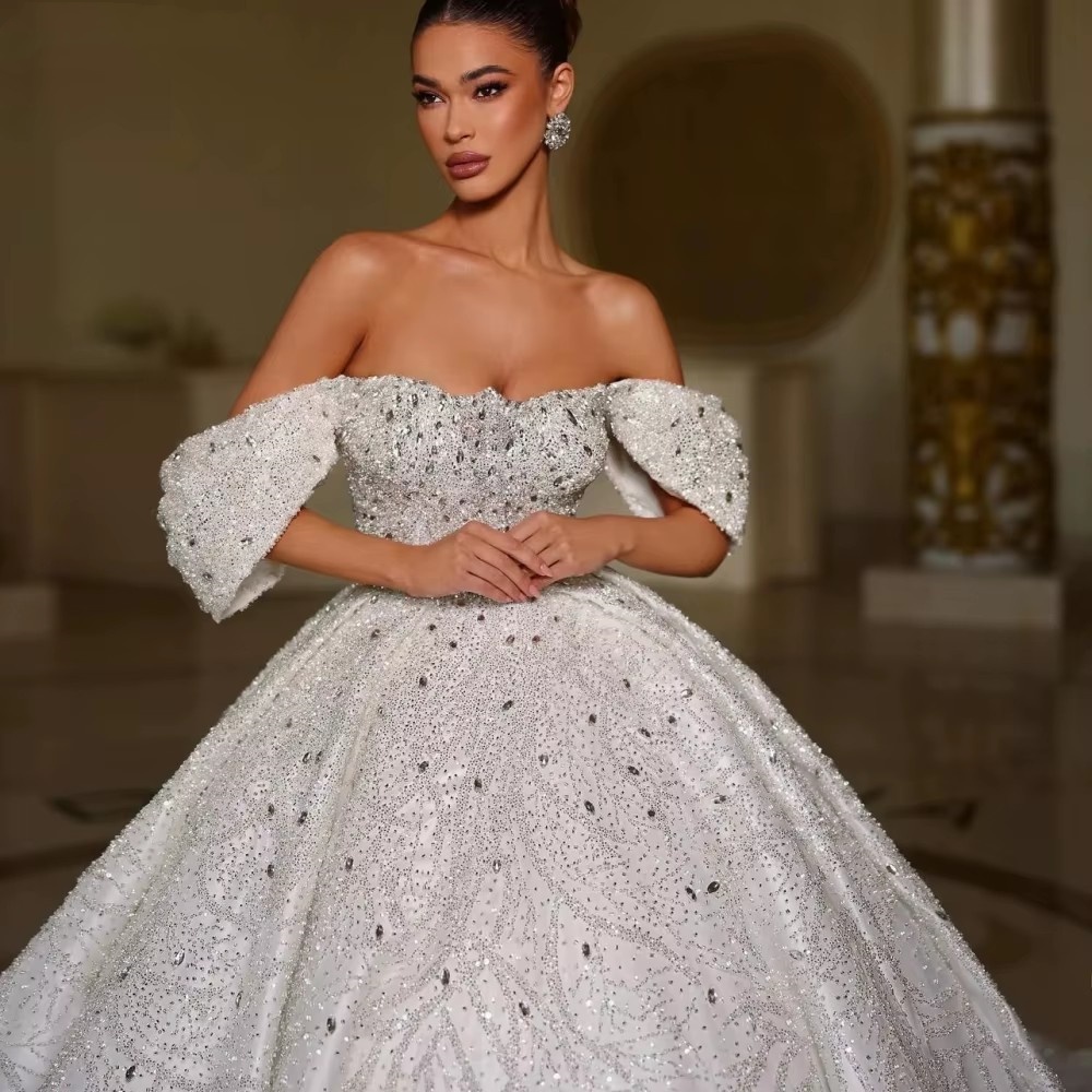 Off Shoulder Ball Wedding Dress, Crystal Sequins, Sweep Train, Custom Made Bridal Gown