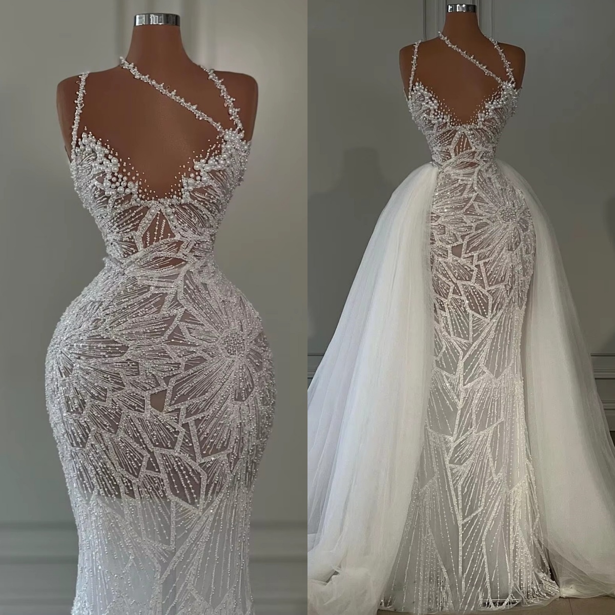 See Through Pearls Wedding Dresses Halter Mermaid Bridal Gowns Detachable Train Sleeveless Illusion Customized Princess Sweep Train Bride Dress Vestid
