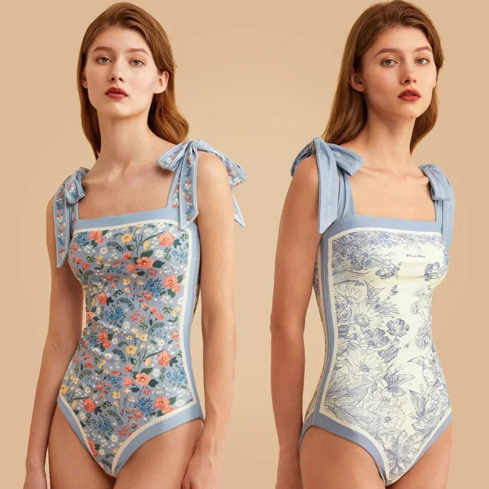 Vintage Printed Double-sided Wear Swimming Bathing Suit Women Bandage Sexy One Piece Swimsuit Beachwear Swimwear Woman 250206