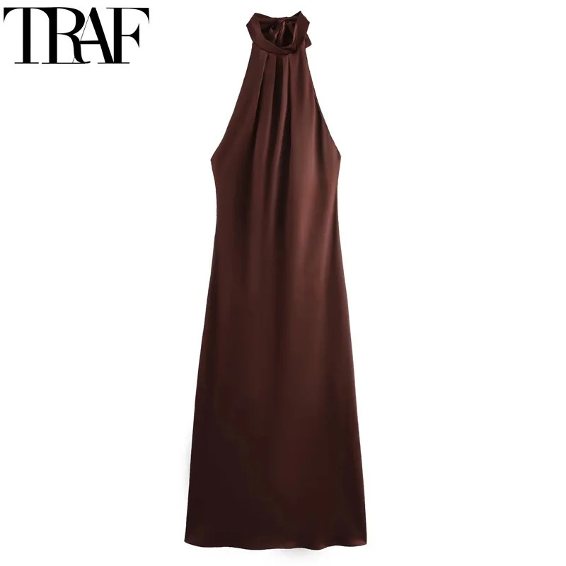 TRAF Halter Satin Long Dres Tied Backless Brown Midi Dress Summer Off Shoulder Party Dresses Pleated Evening 250207