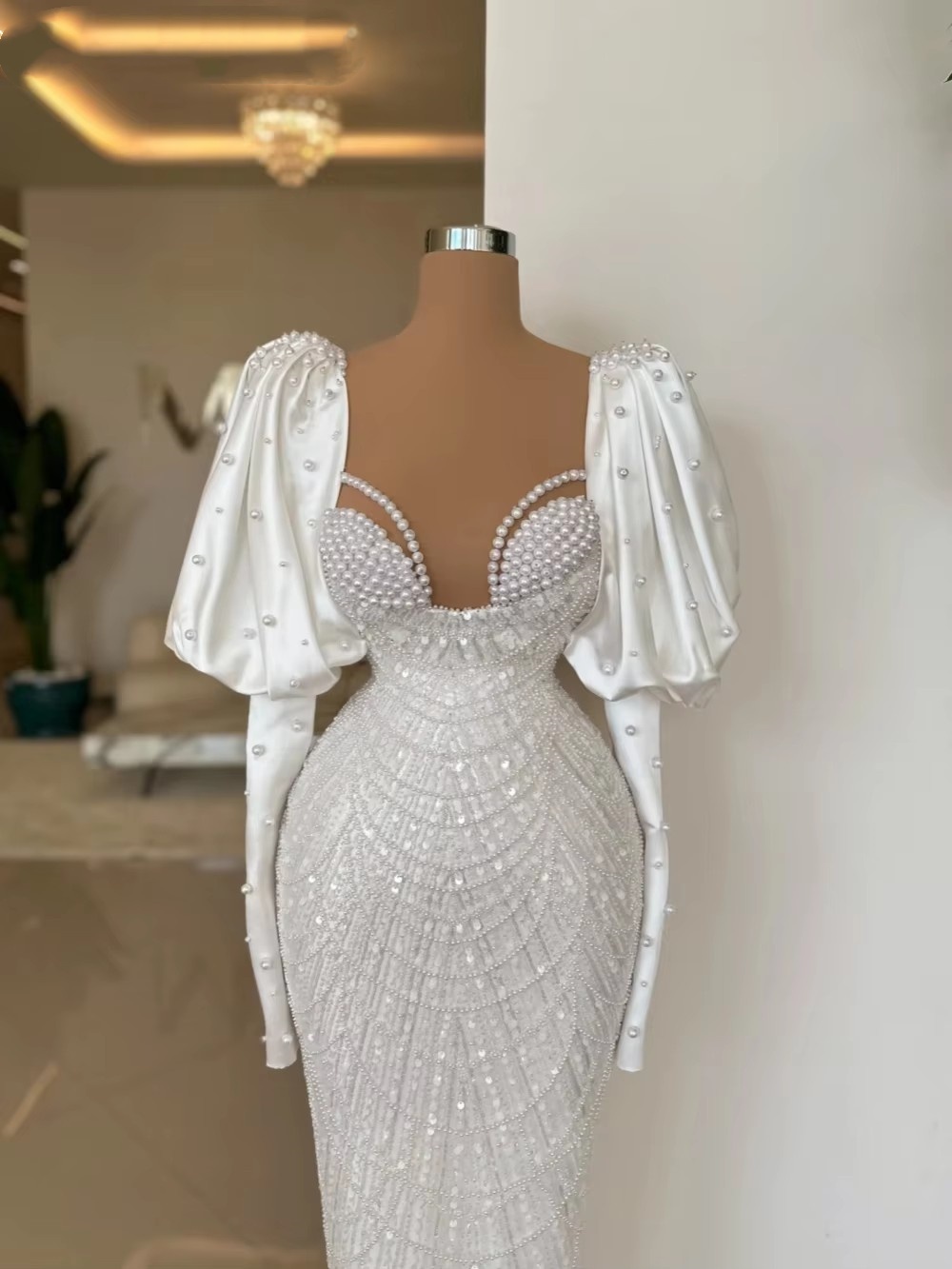 Sheer Neck Long Sleeve Wedding Dress with Pearls & Lace, Sweep Train Bridal Gown, Custom Made