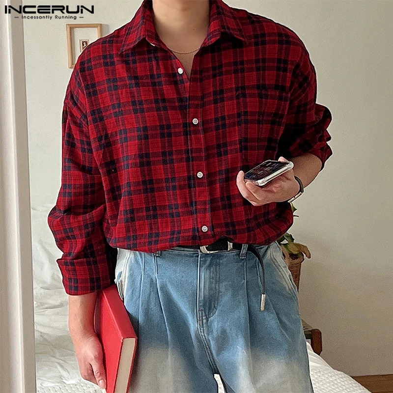 Korean Harajuku Handsome Men Shirts INCERUN Casual Long Sleeve Plaid Splicing Turn Down Collar Tops Loose Bottuns Blouses 250207