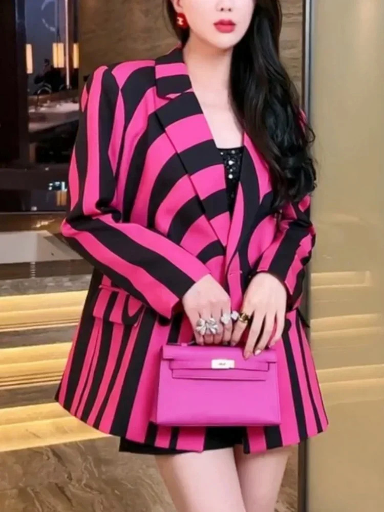 Rose Red Zebra Stripe Loose Womens Jacket Y2K European er Jacket Fashion Party Formal Aesthetic Coat Spring Casual 250207