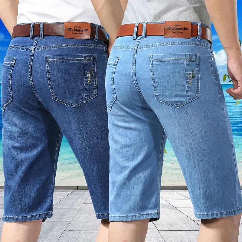 Summer mens business denim shorts thin straight casual office clothing black blue 250207