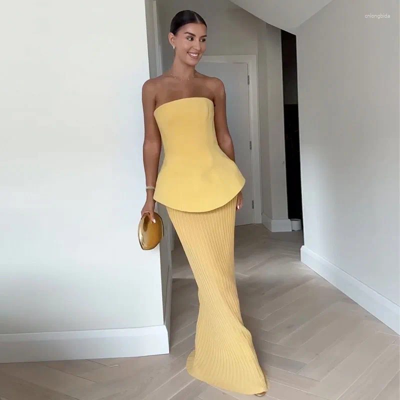 Work Dresses Elegant Strapless Tube Top Skirts Suit Women Sleeveless Backless Tank Slim Long Pleated Skirt 2025 Spring Summer Lady Outfit