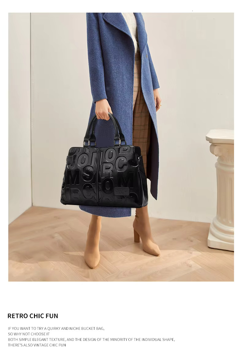 Aidrani letter printed genuine leather women's handbag with large capacity black cowhide single shoulder crossbody bag