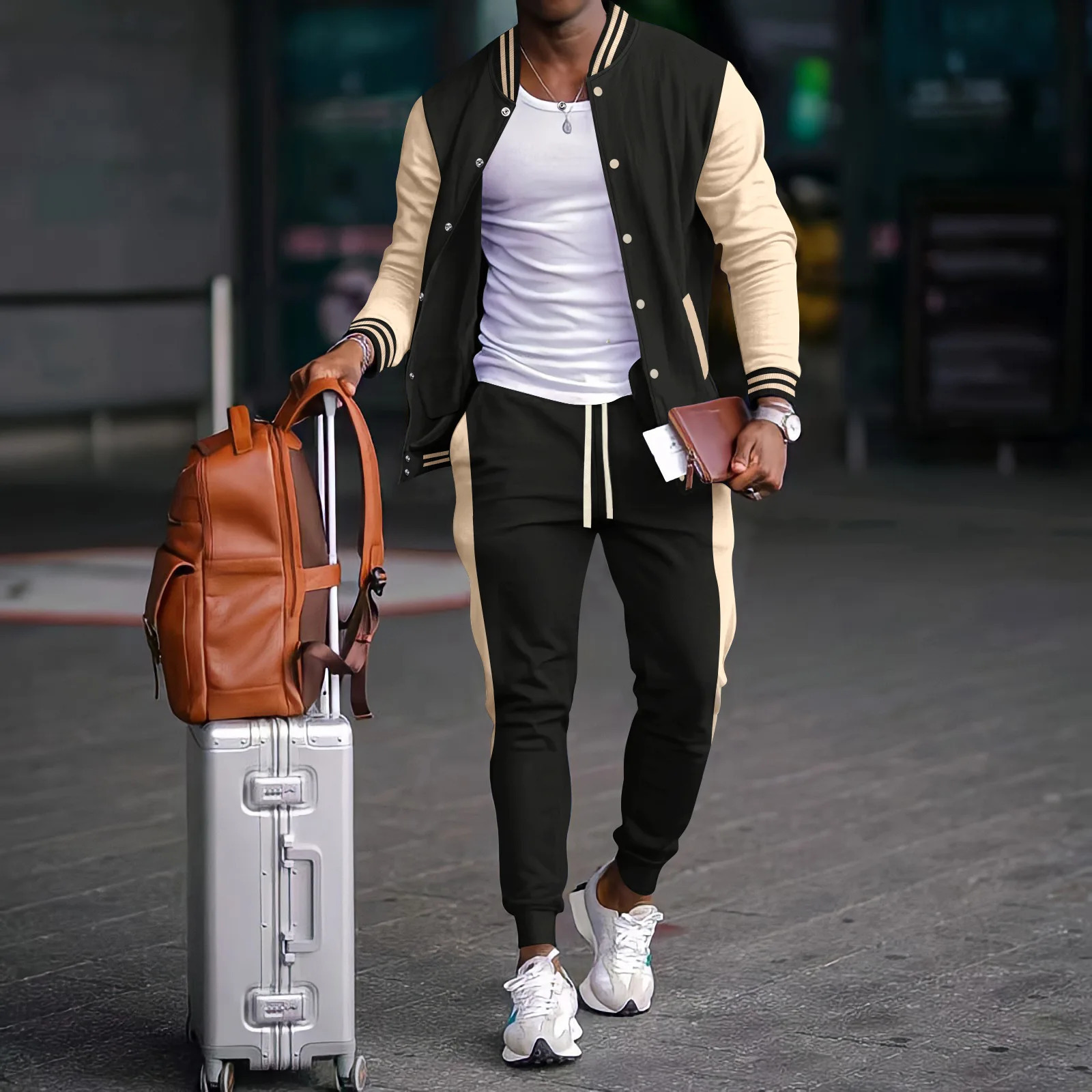 Autumn and winter thick baseball suit casual mens stand collar cardigan coat matching color sports long sleeve pants suit 250208