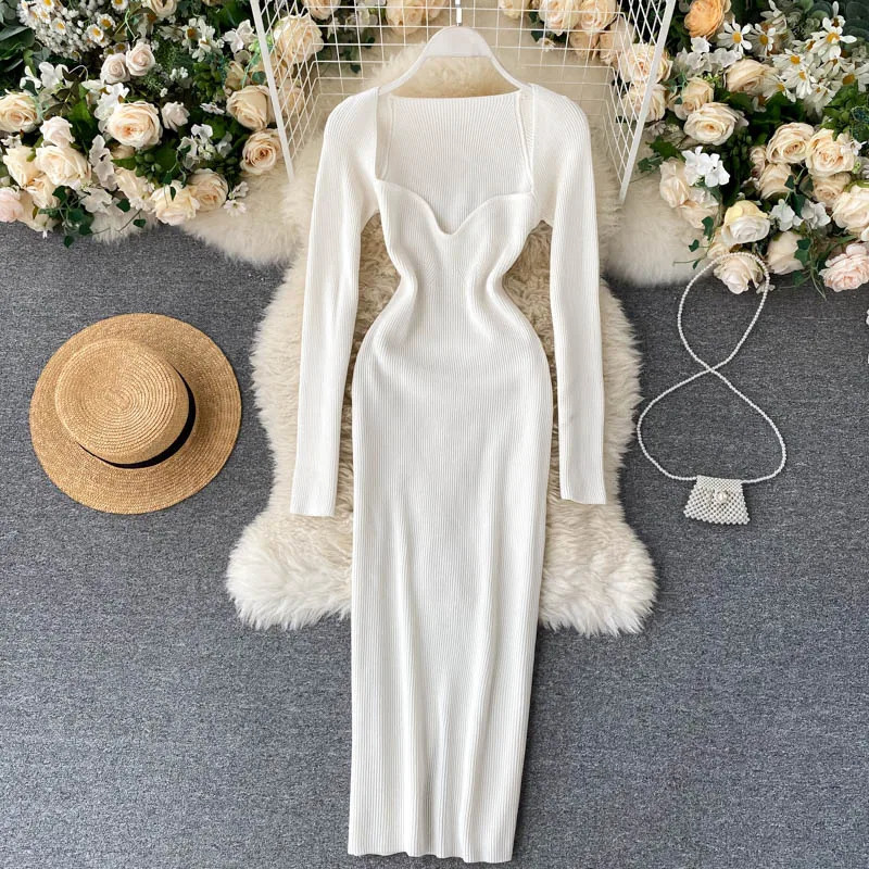 Croysier Dresses For Women Sexy Strapless Ribbed Knitted Bodycon Dres Winter Long Sleeve Midi Sweater Dress Clothes 250207