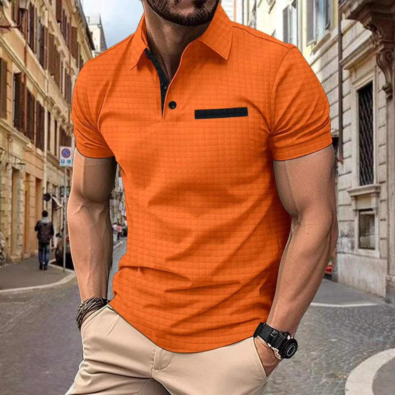 2024 Summer Mens Fashion Casual Solid Color Loose Edition Sports Fitness Jacquard Checkered Polo Shirt 250208Z