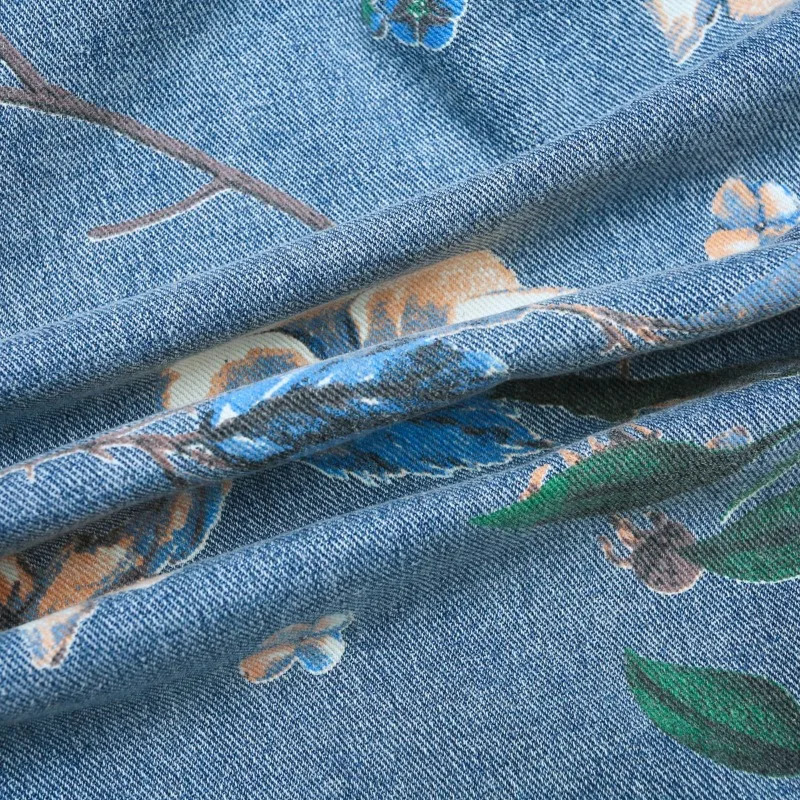 Vintage Floral Print Denim Jacket Mens Distressed Coat Streetwear Loose Fit Long Sleeve Jackets Korean Bomber Jeans 250207