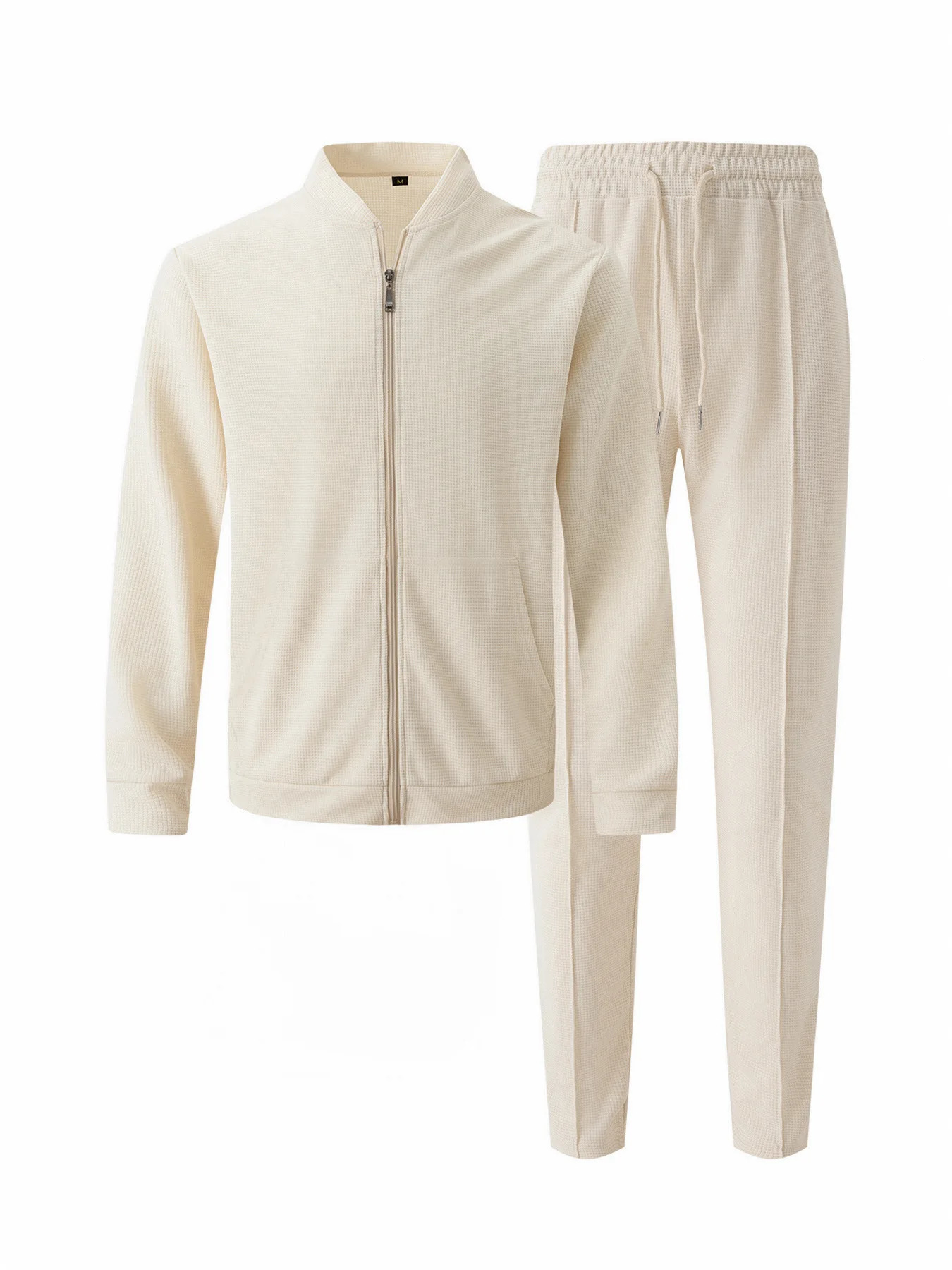 Autumn and winter casual mens outdoor blazer set Waffle baseball suit round neck pocket zipper long sleeve trousers two-piece s 250208