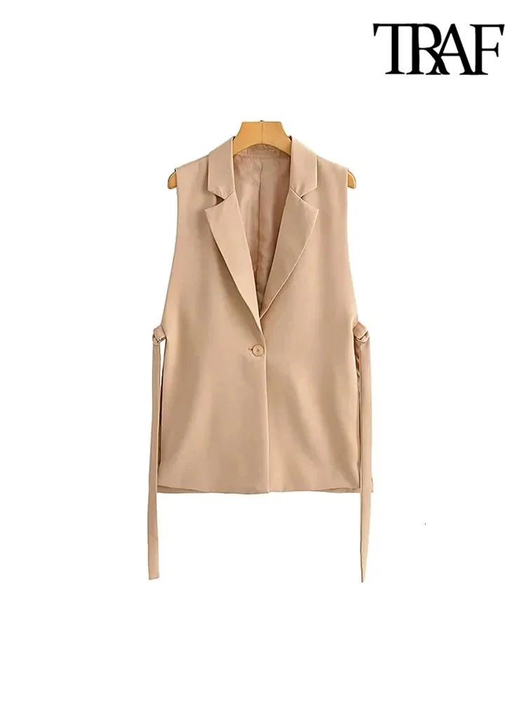 TRAF Women Fashion With Taps Side Vents Waistcoat Vintage Sleeveless Front Button Female Outerwear Chic Vest Tops 250207