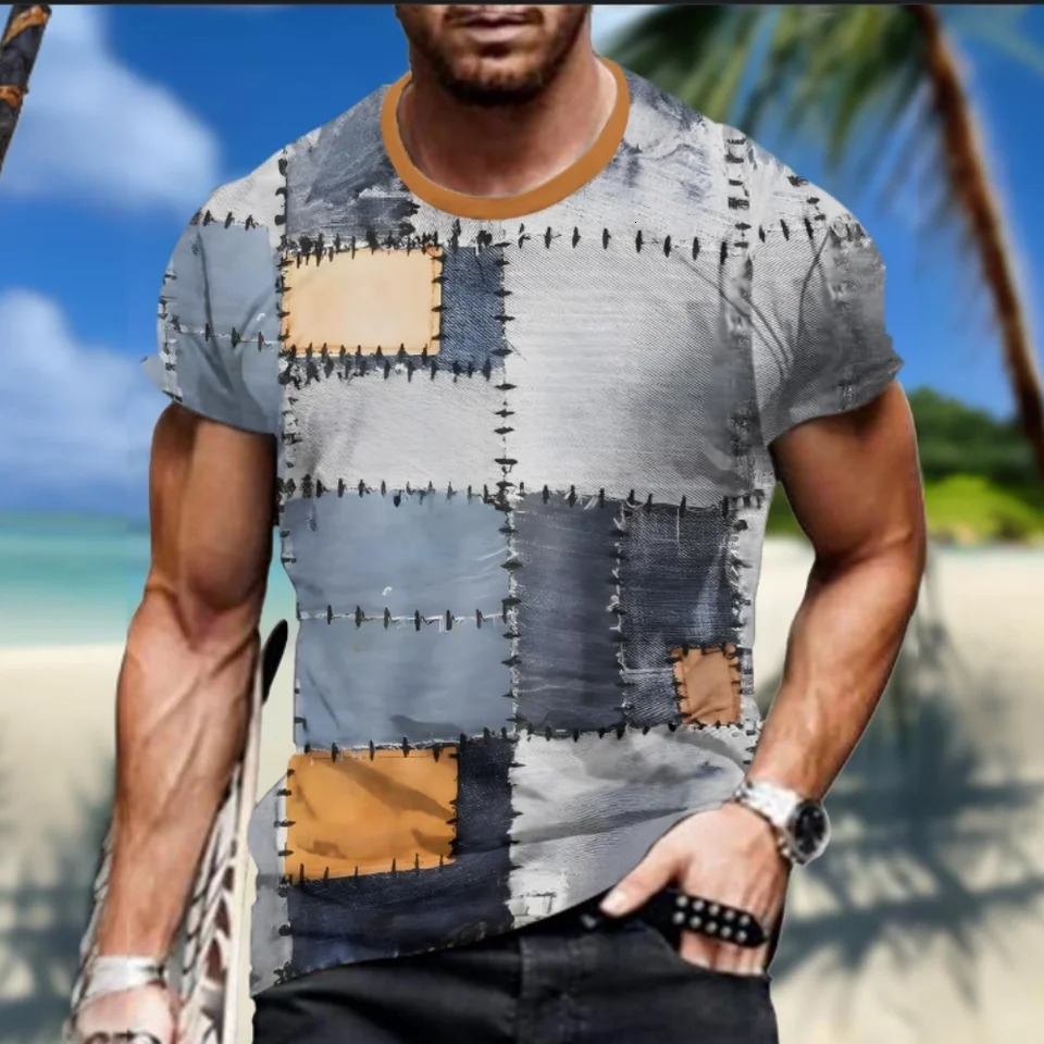 Vintage TShirt For Men Patchwork Denim Color Block Stitched Plaid Graphic T Shirts Short Sleeve Tee Oversized Clothing Tops 250207