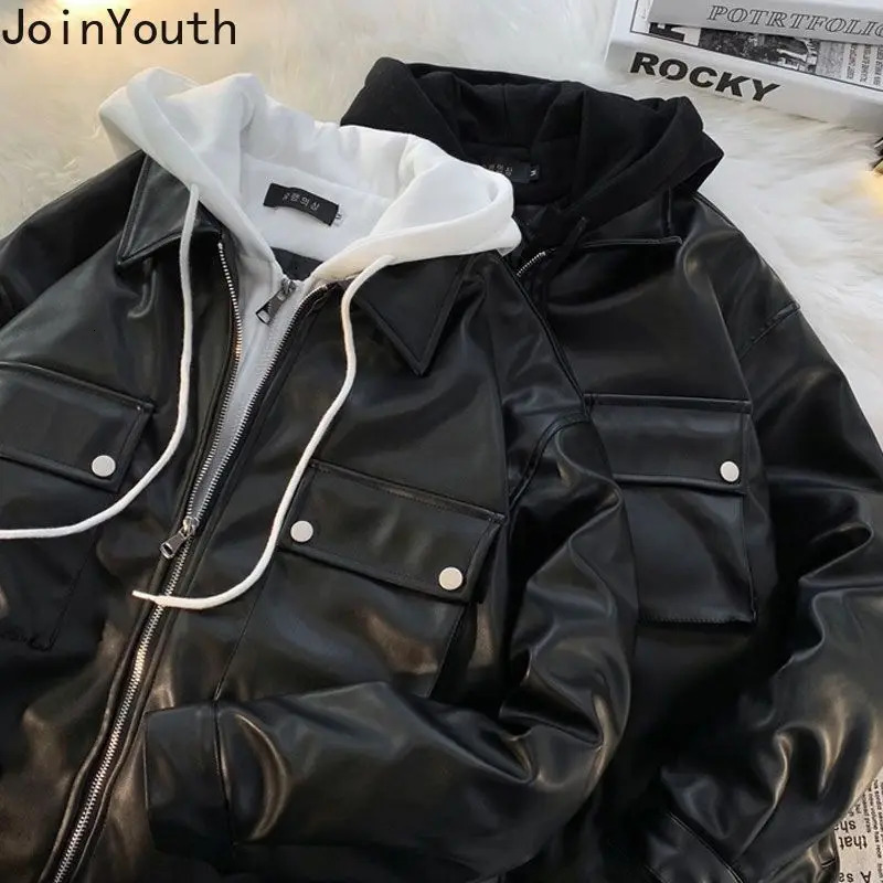 Street Clothing Hooded Leather Jacket Womens Clothing Splicing Work Leave Two Retro Jackets Harajuku Fashion Casual Y2k Jacket Top 250206