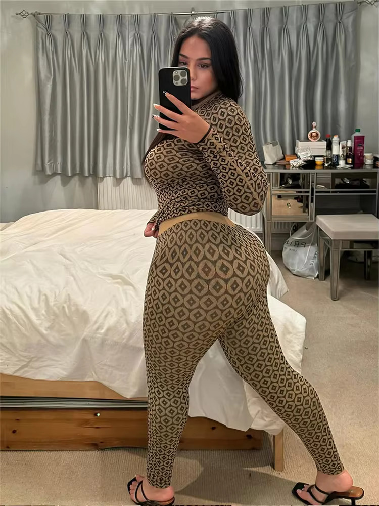 Weird Puss Coins Print Women 2 Piece Set Casual Sporty Elastic Full Sleeve Crop Tops+Wide Waist Leggings Matching Activity Suits