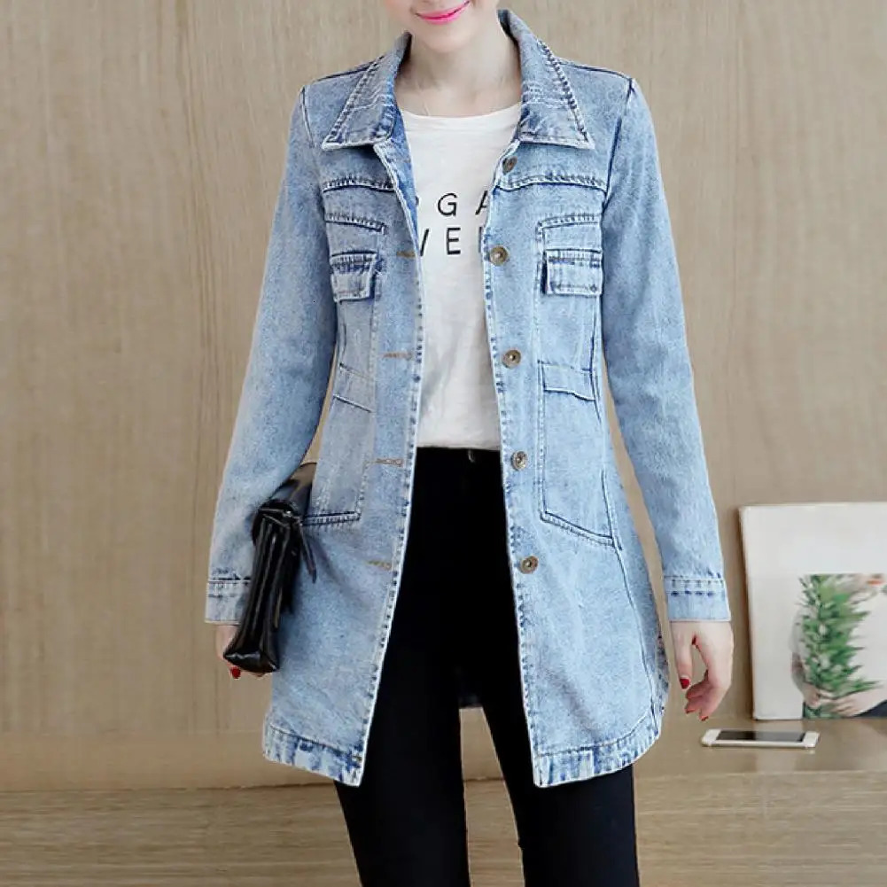 Fashion Single Breasted Long Denim Jacket Shrink Resistant Womens Irregular Hem for Vacation 250208Z