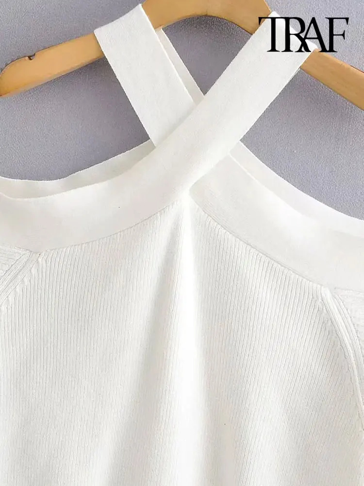 TRAF Women Fashion Loose Knit Halterneck Sweater Sexy Off Shoulder Long Sleeve Female Pullovers Chic Tops 250208