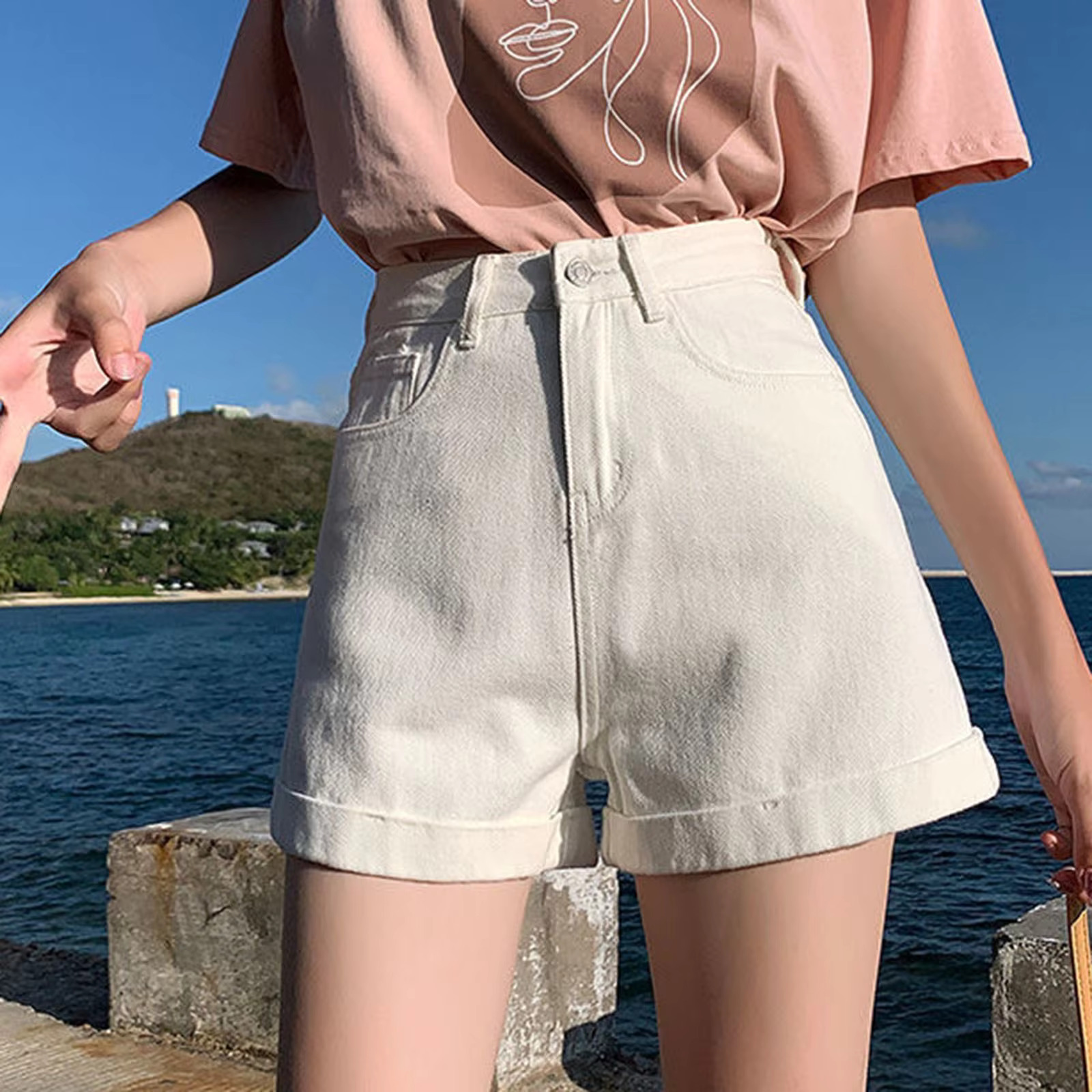 Chic Korean Style Minimalist Fashion High Waisted White Women's Designer Shorts Solid Color Full Matching Denim Shorts Long Pants Street Retro Co