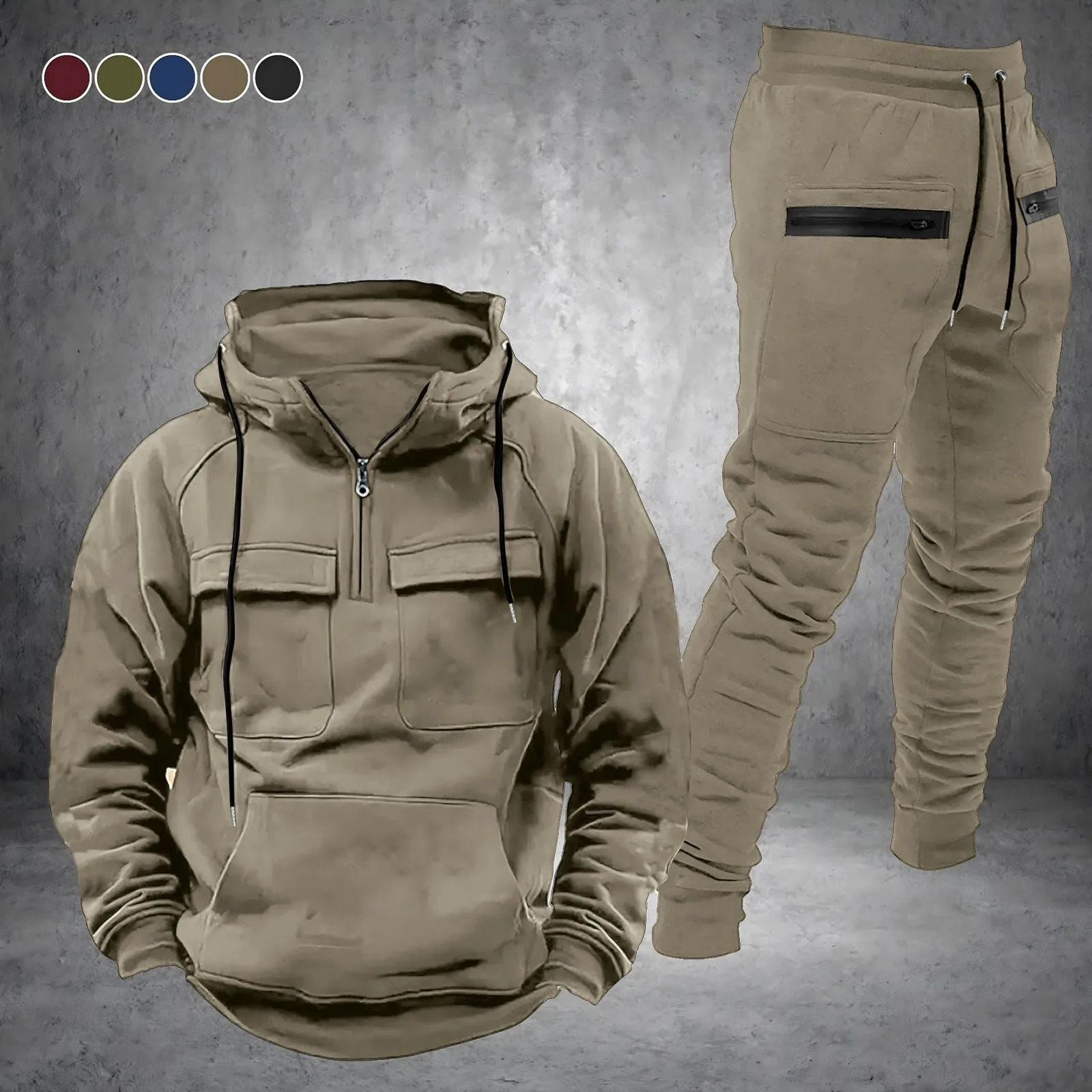 Soild Mens Sweatshirt 2 Piece Outfit Autumn And Winter Fashion Hald Zipper Hooded Sweater Pants Sports Outfit Mens Clothing 250206