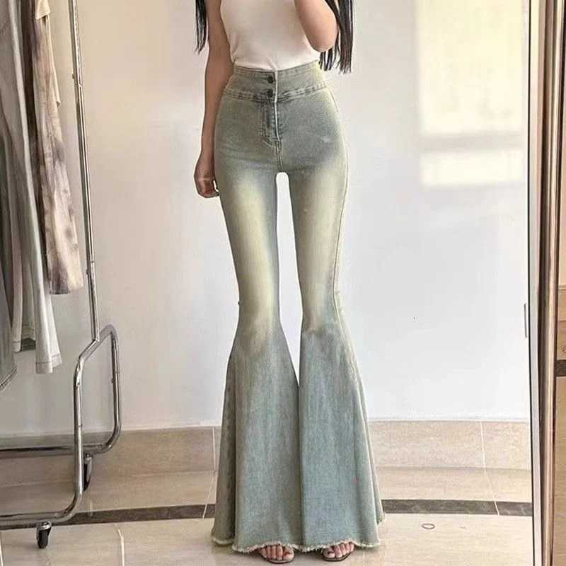 Woman High Waist Streetwear Slim Jeans Female Y2k Clothes Bell Bottom Pants Girls Gothic Black Blue Denim Trousers 250206