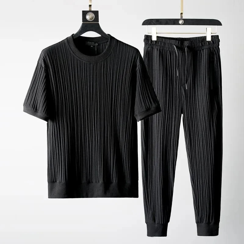 Men Outfit Set Summer Thin Short Sleeve T Shirts 2 Piece Tracksuit Korean Fashion O Neck Pullovers Sport Clothes 250207