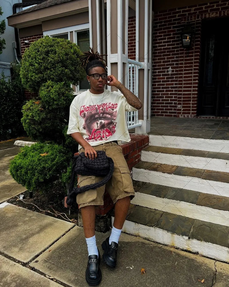 Y2K Harajuku Punk Retro Lip Print Top Street Hip-hop Trend Oversized T-shirt Men Goth Retro Casual Personality Clothing 250208